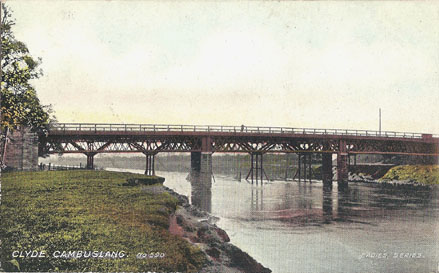 The Clyde Bridge with visable remains of the wooden structure of the Orion Bridge  - Circa 1900 - Card Dated 1907 - Published by H & W Eadie Stationers, Cambuslang - Eadie's Series No.590 